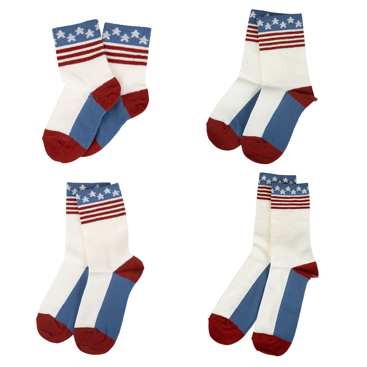 Patriotic crew socks in sizes ranging from toddler to adult with stars and stripes cuffs